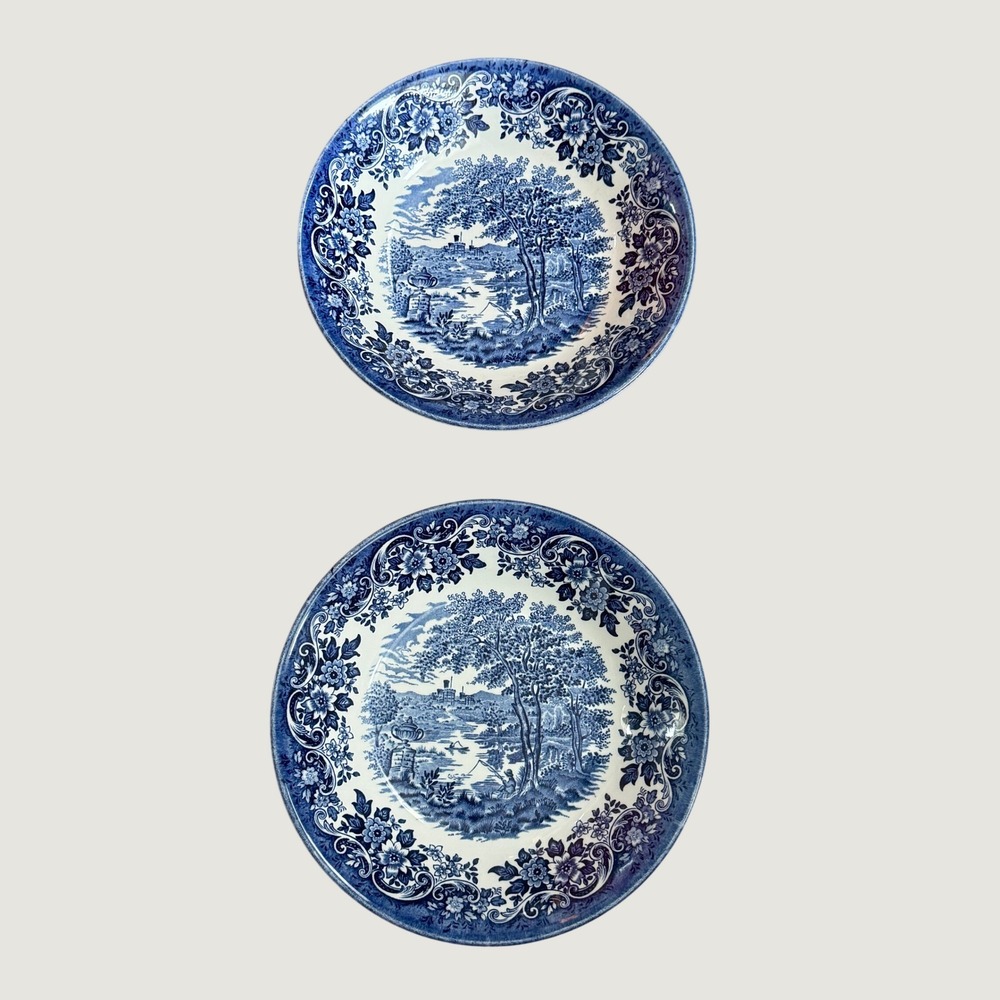 Two Queen's English Scene Blue White Transferware 7.75" Bowls